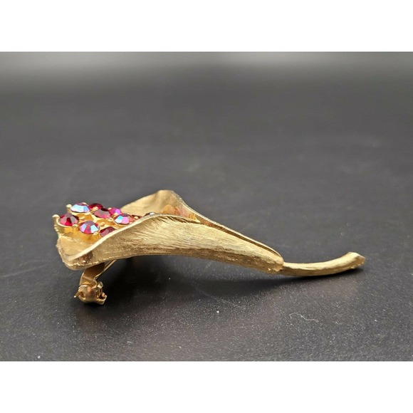 VTG Calla Lily Statement Brooch Pin Red AB Rhinestones Gold Tone Retro 50s 60s - Picture 5 of 7